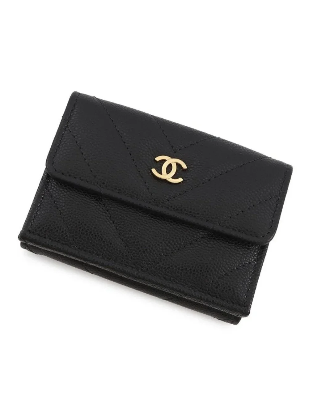 Chanel Trifold Wallet Chez Blanc Small Flap Compact Caviar Leather Black